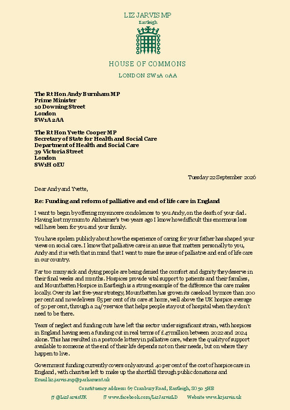 Letter from Liz Jarvis MP to Andy Burnham and Yvette Cooper on palliative care