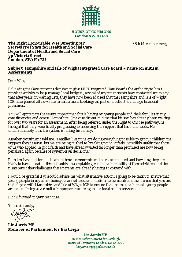 Liz Jarvis' letter to Wes Streeting MP